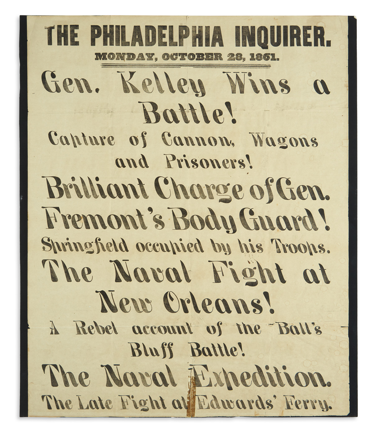 (CIVIL WAR--BROADSIDES.) Newsstand broadside advertisement for an issue of the Philadelphia Inquirer.